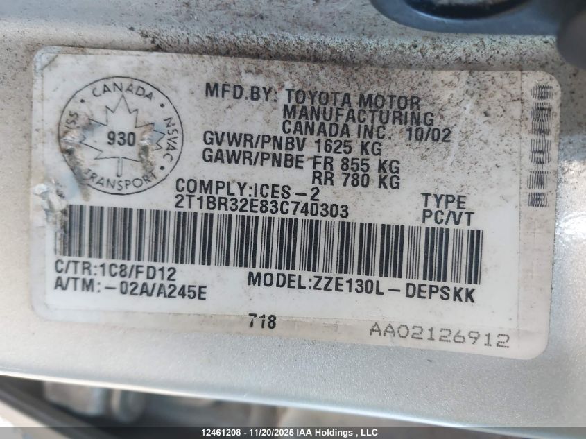 2003 Toyota Corolla Ce/Le/Sport VIN: 2T1BR32E83C740303 Lot: 12461208