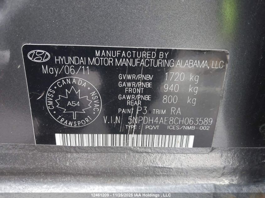 2012 Hyundai Elantra VIN: 5NPDH4AE8CH063589 Lot: 12461209