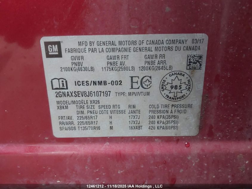 2018 Chevrolet Equinox Lt VIN: 2GNAXSEV8J6107197 Lot: 12461212