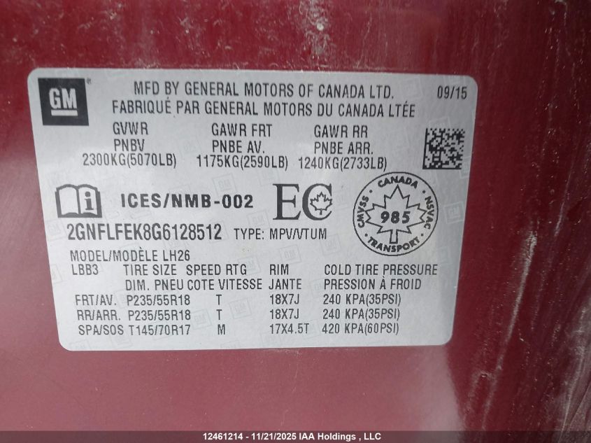 2016 Chevrolet Equinox 1Lt VIN: 2GNFLFEK8G6128512 Lot: 12461214