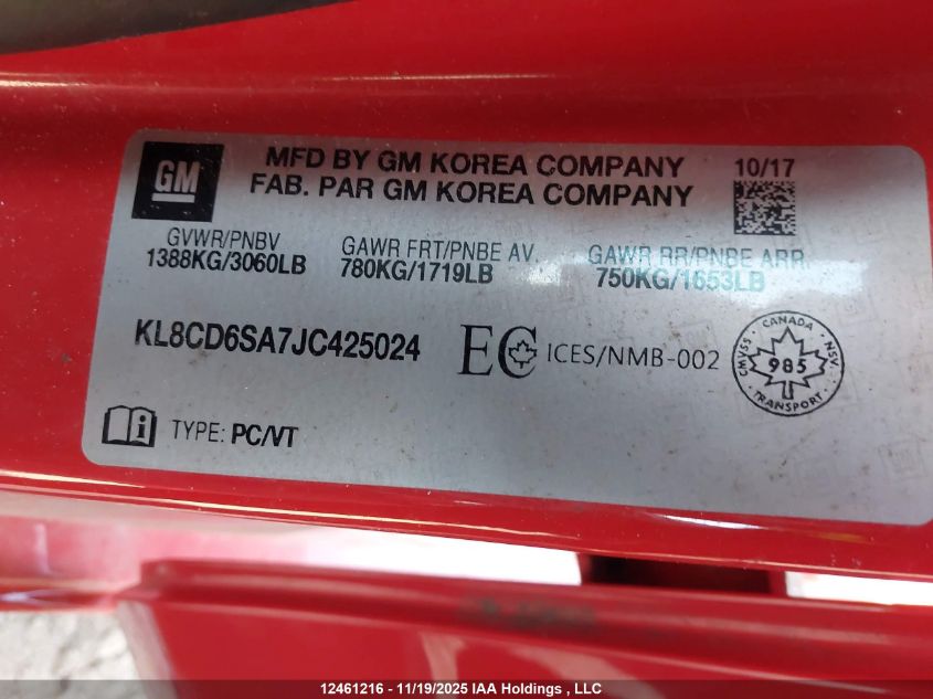 2018 Chevrolet Spark 1Lt VIN: KL8CD6SA7JC425024 Lot: 12461216