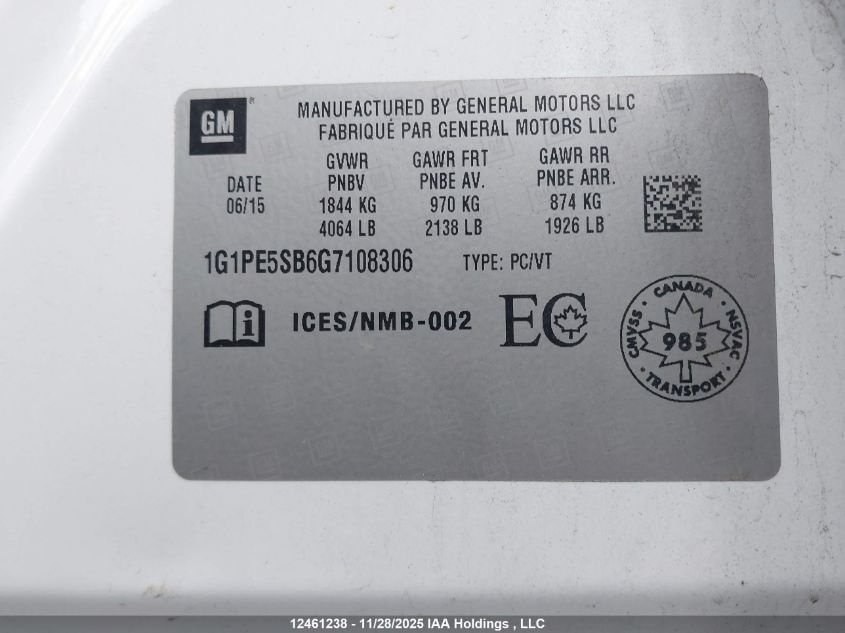 2016 Chevrolet Cruze Limited Lt VIN: 1G1PE5SB6G7108306 Lot: 12461238