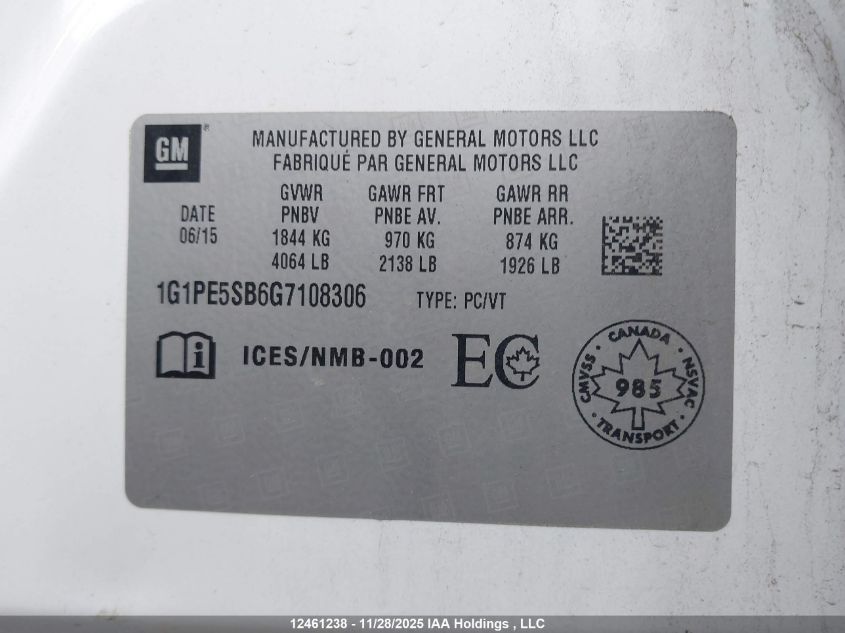 2016 Chevrolet Cruze Limited Lt VIN: 1G1PE5SB6G7108306 Lot: 12461238