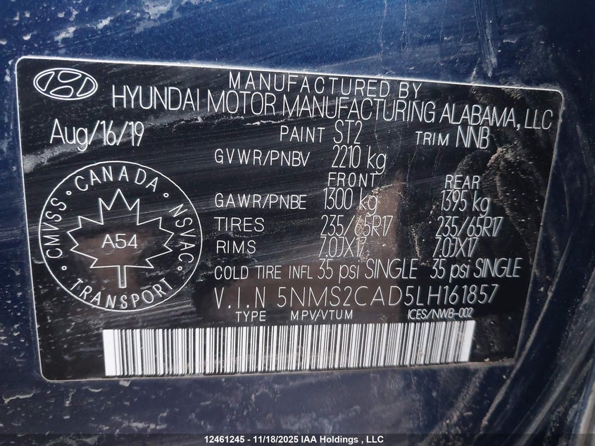 2020 Hyundai Santa Fe Essential Awd With Smartsense Package VIN: 5NMS2CAD5LH161857 Lot: 12461245