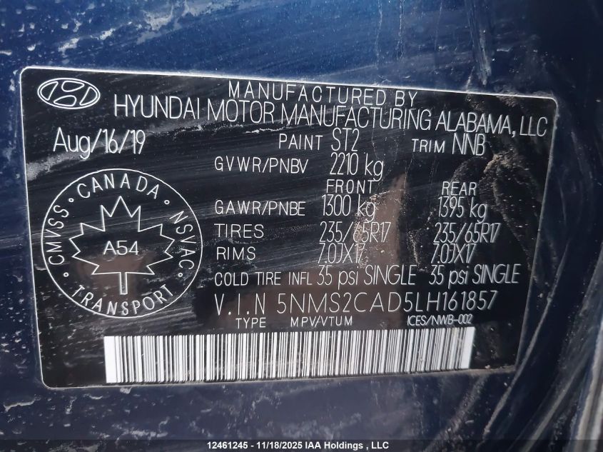 2020 Hyundai Santa Fe Essential Awd With Smartsense Package VIN: 5NMS2CAD5LH161857 Lot: 12461245