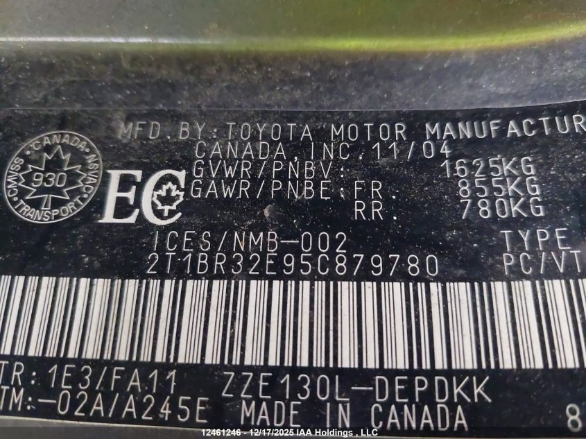 2005 Toyota Corolla VIN: 2T1BR32E95C879780 Lot: 12461246