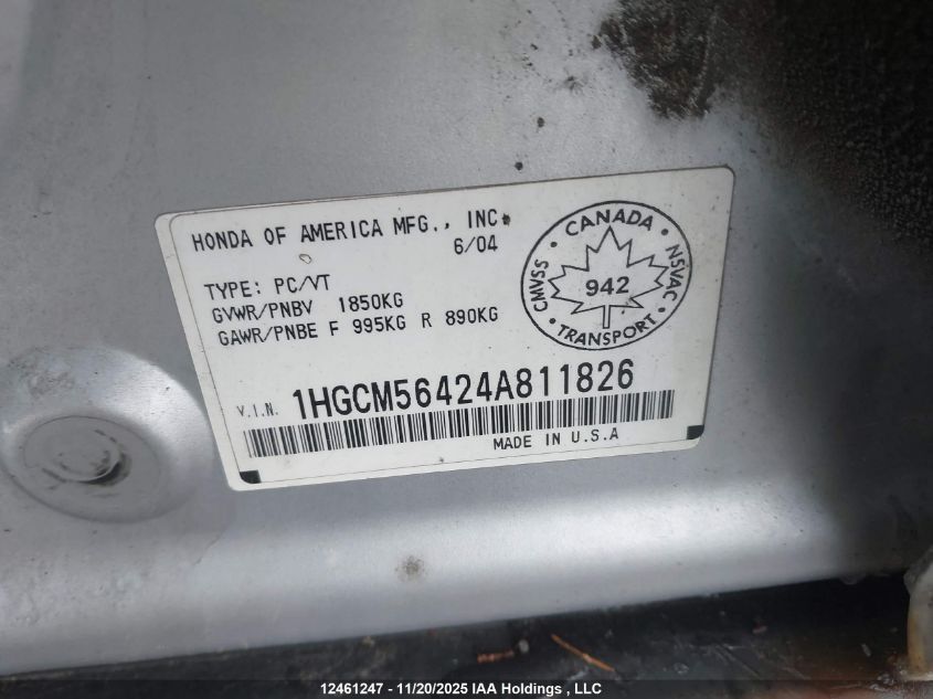 2004 Honda Accord Lx VIN: 1HGCM56424A811826 Lot: 12461247