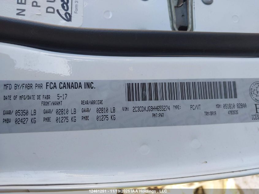 2017 Dodge Charger Sxt VIN: 2C3CDXJG9HH655274 Lot: 12461251