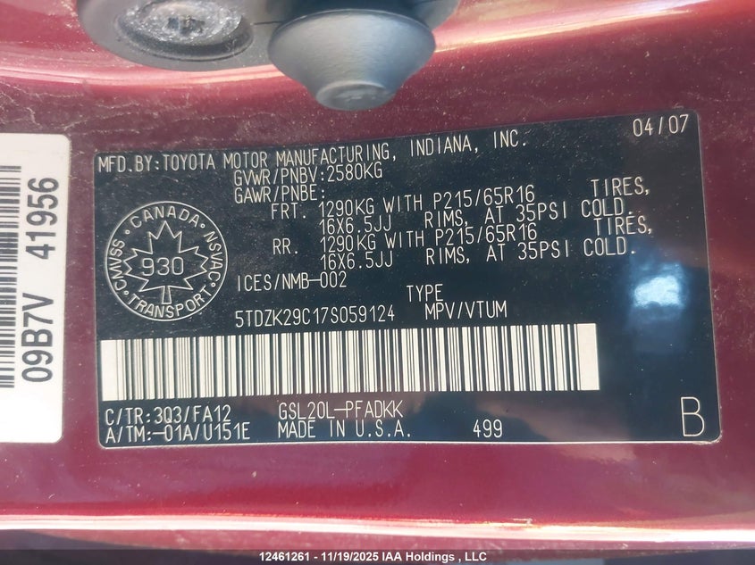 5TDZK29C17S059124 2007 TOYOTA SIENNA photo no. 9