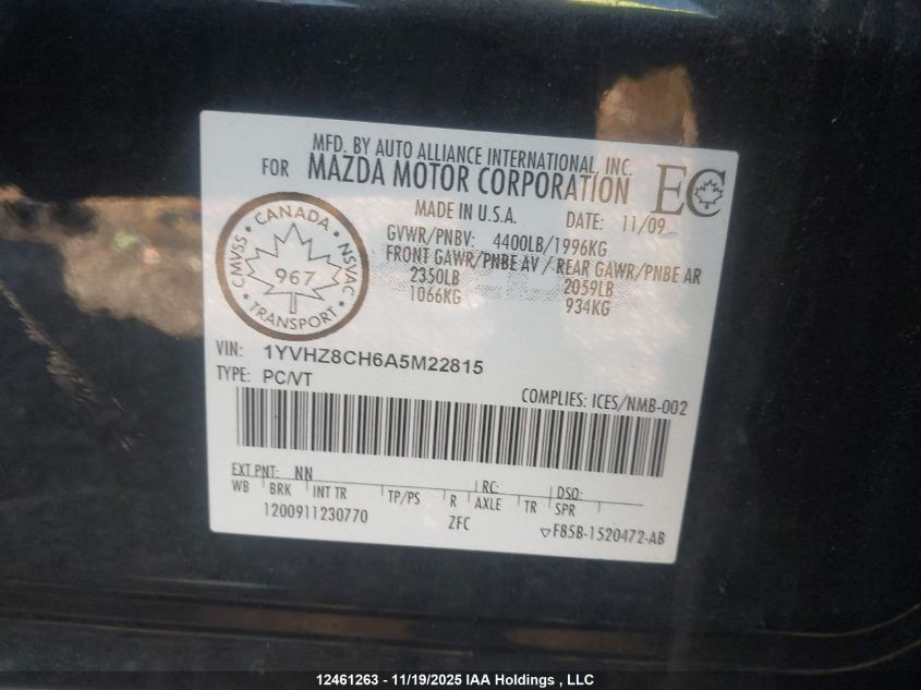 2010 Mazda 6 I VIN: 1YVHZ8CH6A5M22815 Lot: 12461263