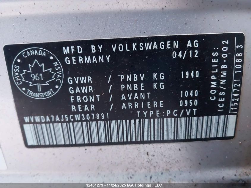 2012 Volkswagen Golf VIN: WVWDA7AJ5CW307891 Lot: 12461279