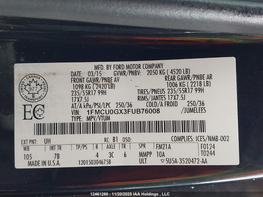 2015 Ford Escape VIN: 1FMCU0GX3FUB76008 Lot: 12461280