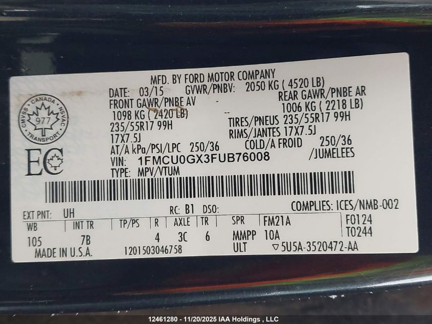 2015 Ford Escape VIN: 1FMCU0GX3FUB76008 Lot: 12461280