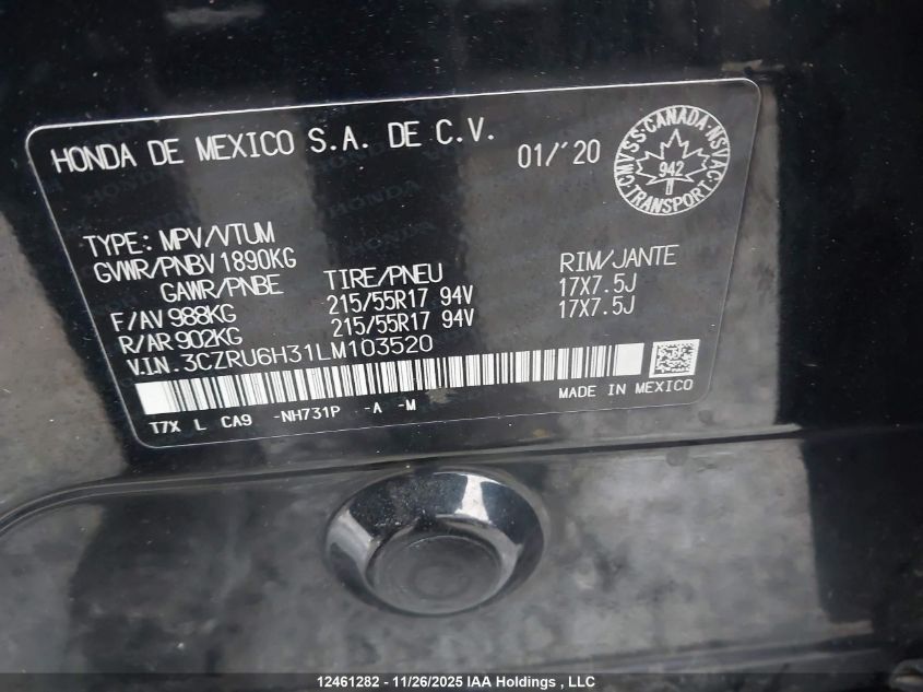 2020 Honda Hr-V VIN: 3CZRU6H31LM103520 Lot: 12461282