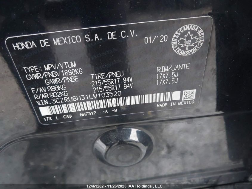 2020 Honda Hr-V VIN: 3CZRU6H31LM103520 Lot: 12461282