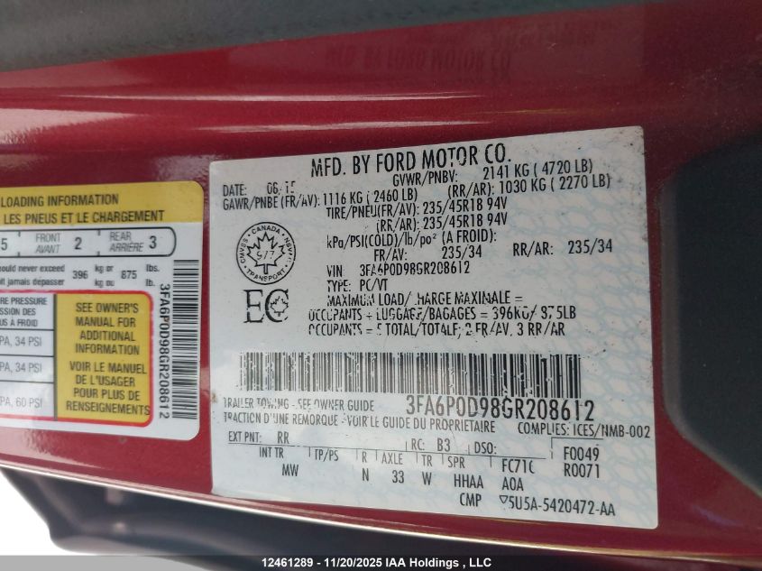 2016 Ford Fusion Titanium VIN: 3FA6P0D98GR208612 Lot: 12461289