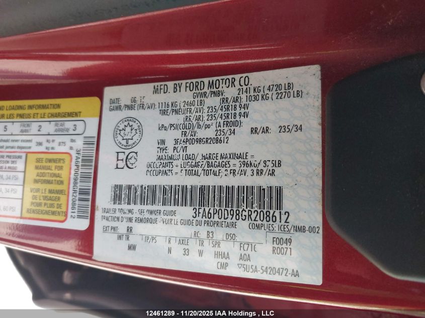 2016 Ford Fusion Titanium VIN: 3FA6P0D98GR208612 Lot: 12461289