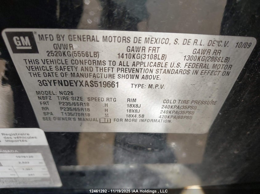 3GYFNDEYXAS519661 2010 CADILLAC SRX photo no. 9