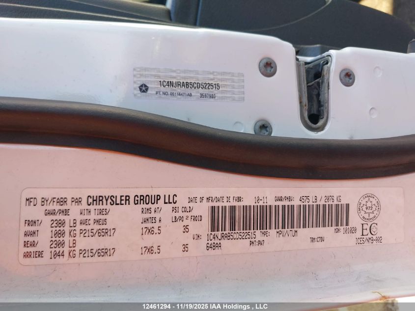 2012 Jeep Patriot VIN: 1C4NJRAB5CD522515 Lot: 12461294