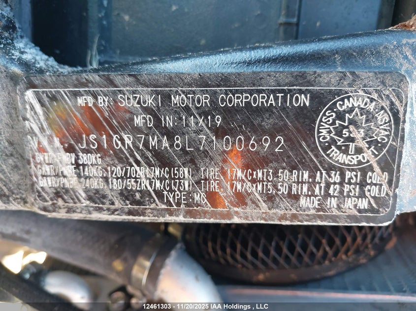 2020 Suzuki Gsx-R750 VIN: JS1GR7MA8L7100692 Lot: 12461303