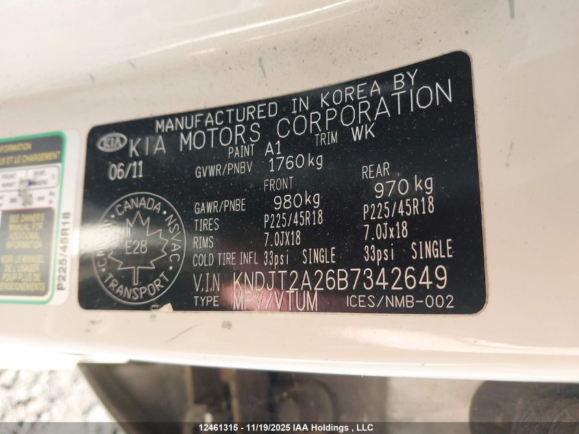 2011 Kia Soul +/!/Sport VIN: KNDJT2A26B7342649 Lot: 12461315