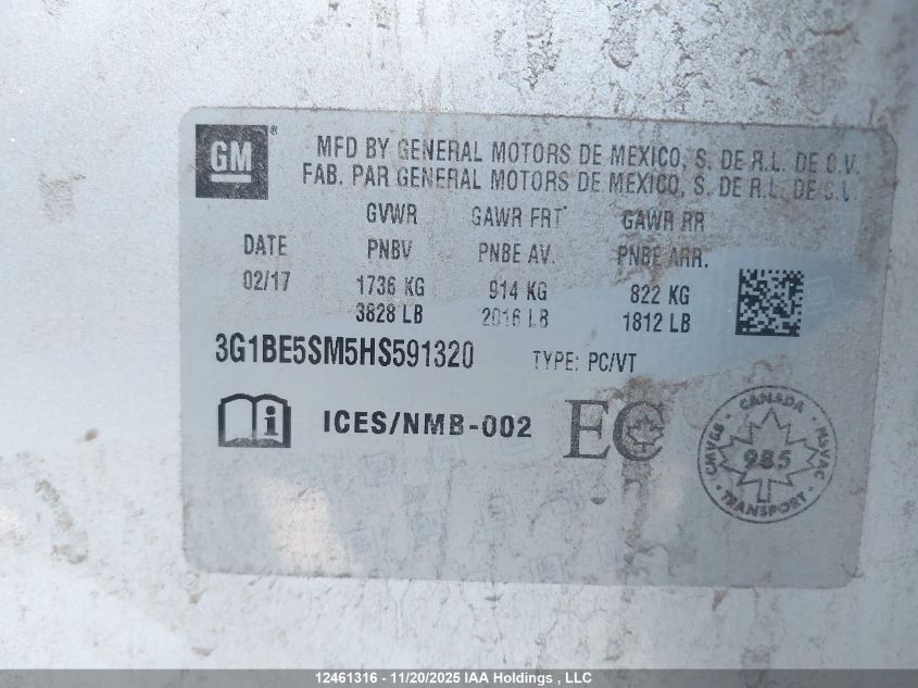 2017 Chevrolet Cruze Lt Auto VIN: 3G1BE5SM5HS591320 Lot: 12461316