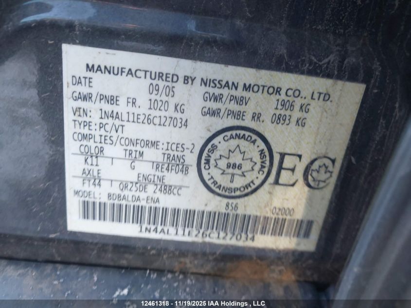 2006 Nissan Altima S/Sl VIN: 1N4AL11E26C127034 Lot: 12461318