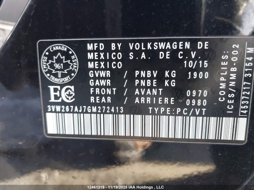 2016 Volkswagen Jetta VIN: 3VW267AJ7GM272413 Lot: 12461319