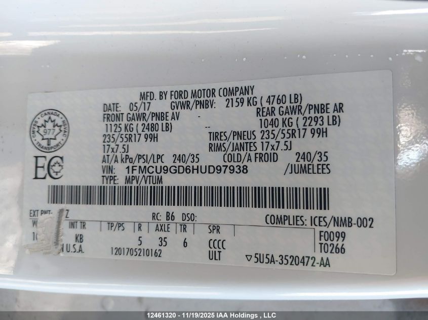 2017 Ford Escape Se VIN: 1FMCU9GD6HUD97938 Lot: 12461320