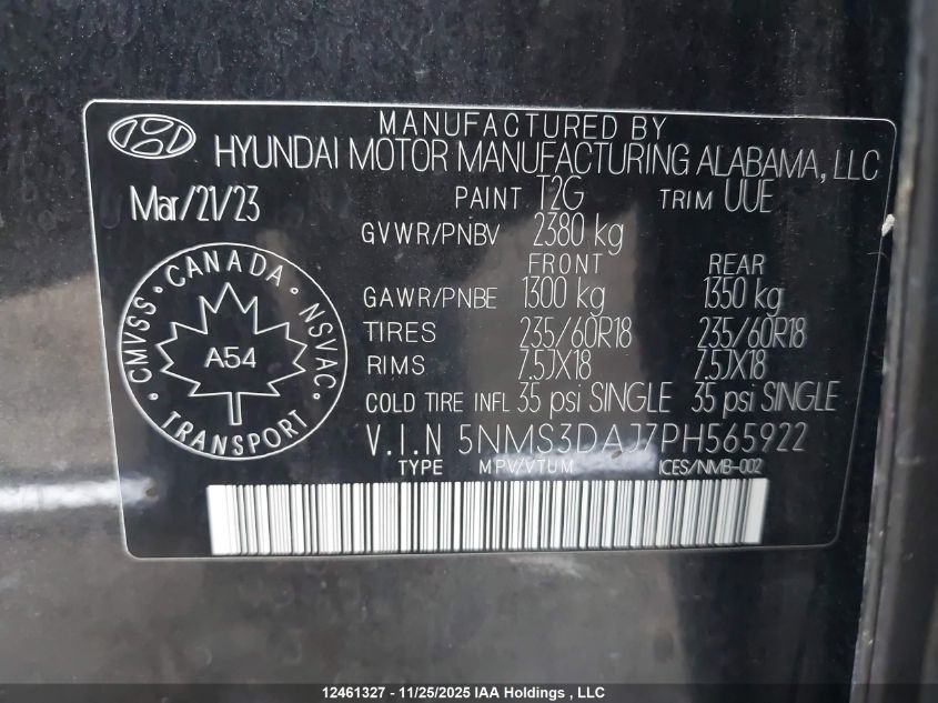 2023 Hyundai Santa Fe Preferred Awd With Trend Package VIN: 5NMS3DAJ7PH565922 Lot: 12461327