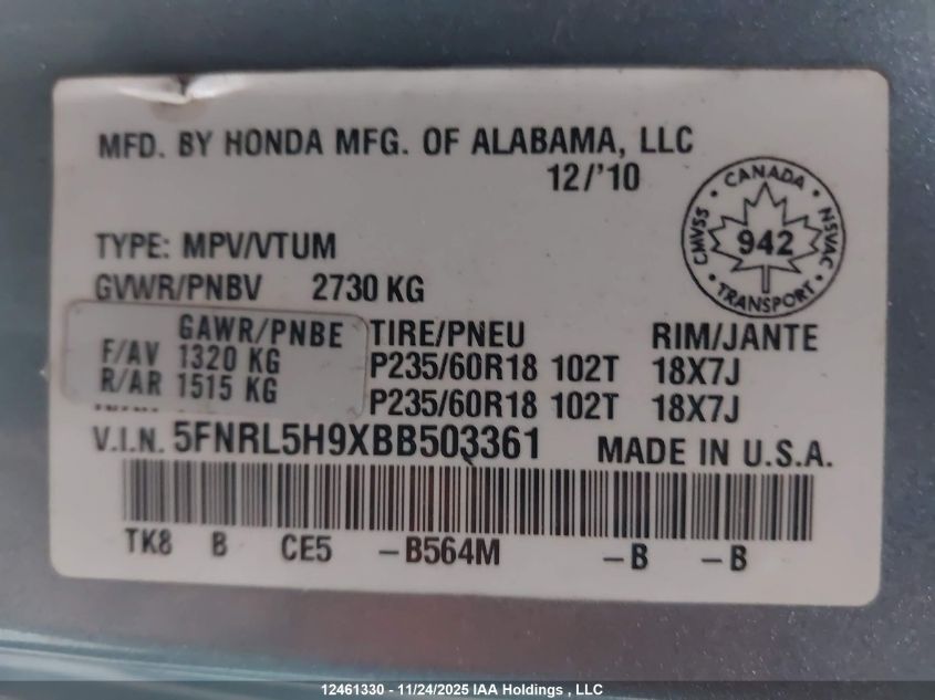 2011 Honda Odyssey Touring VIN: 5FNRL5H9XBB503361 Lot: 12461330