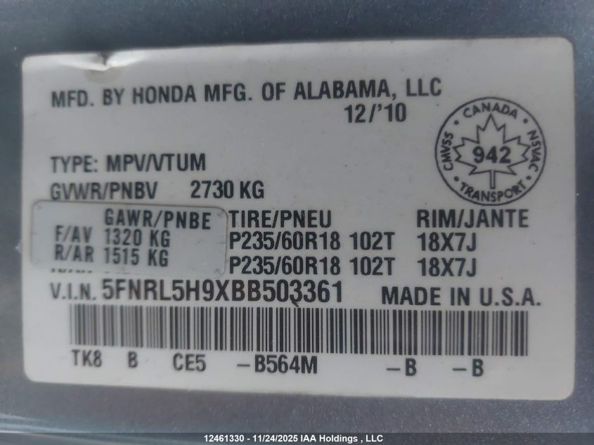 2011 Honda Odyssey Touring VIN: 5FNRL5H9XBB503361 Lot: 12461330