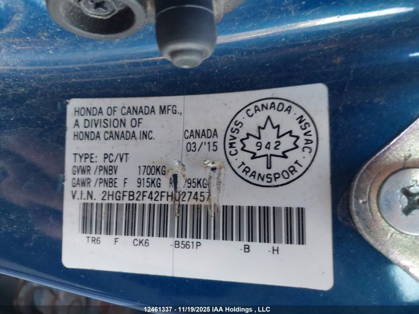2015 Honda Civic Lx VIN: 2HGFB2F42FH027457 Lot: 12461337