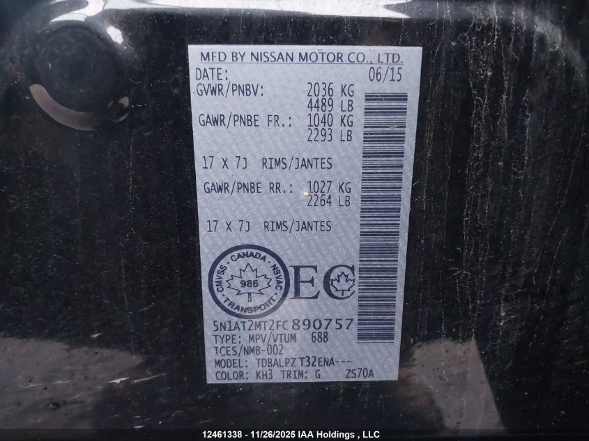 2015 Nissan Rogue S/Sl/Sv VIN: 5N1AT2MT2FC890757 Lot: 12461338