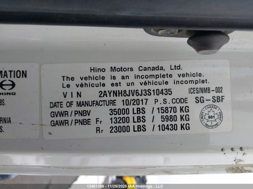 2018 Hino 358 VIN: 2AYNH8JV6J3S10435 Lot: 12461358