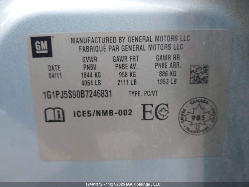 2011 Chevrolet Cruze Eco VIN: 1G1PJ5S90B7246831 Lot: 12461372