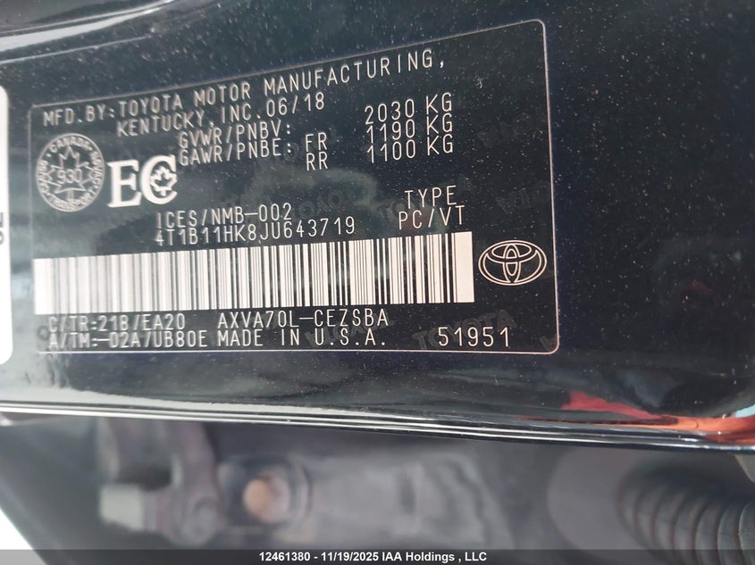 2018 Toyota Camry VIN: 4T1B11HK8JU643719 Lot: 12461380