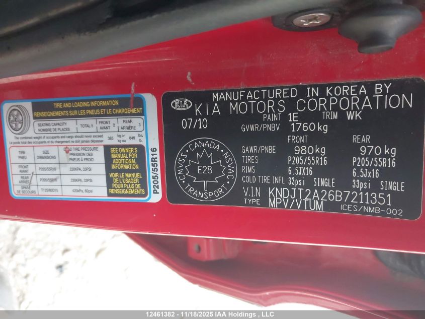 2011 Kia Soul 2.0L 2U/2.0L 4U/2.0L 4U Burner/2.0L 4U Luxury/2.0L 4U Retro/2.0L 4U Sx VIN: KNDJT2A26B7211351 Lot: 12461382