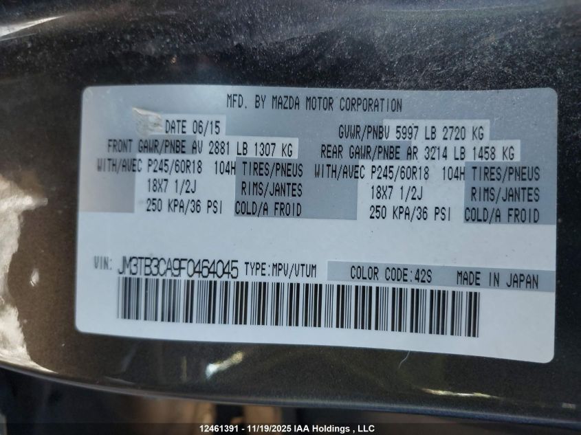 2015 Mazda Cx-9 Touring VIN: JM3TB3CA9F0464045 Lot: 12461391