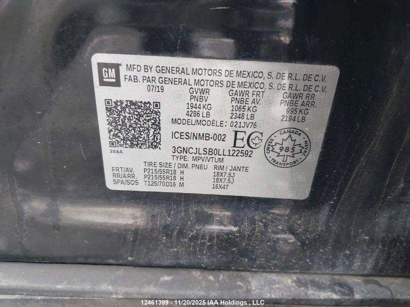 2020 Chevrolet Trax Lt VIN: 3GNCJLSB0LL122592 Lot: 12461399