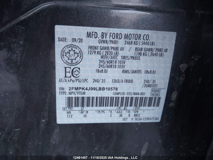 2020 Ford Edge Sel VIN: 2FMPK4J99LBB19578 Lot: 12461407