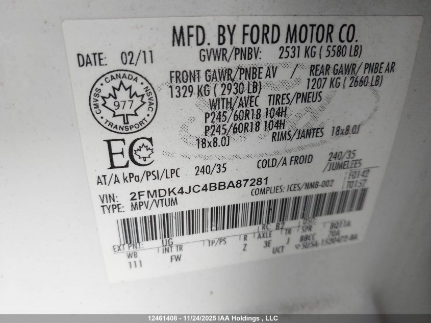 2011 Ford Edge Sel VIN: 2FMDK4JC4BBA87281 Lot: 12461408