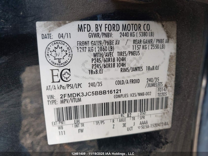 2FMDK3JC5BBB16121 2011 FORD EDGE photo no. 19