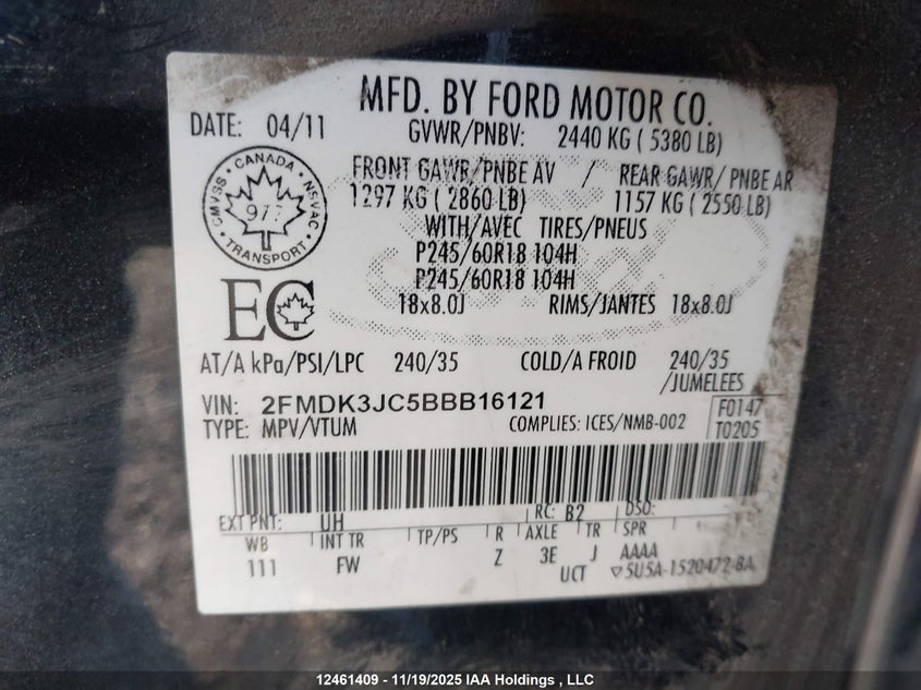 2FMDK3JC5BBB16121 2011 FORD EDGE photo no. 9