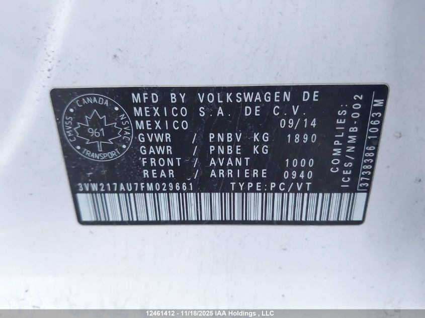 2015 Volkswagen Golf VIN: 3VW217AU7FM029661 Lot: 12461412