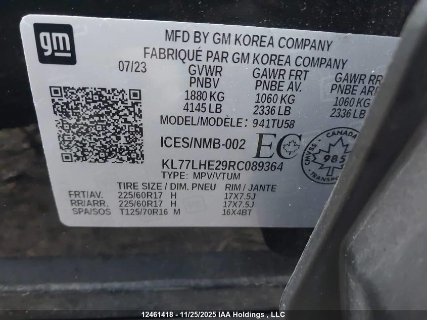 2024 Chevrolet Trax VIN: KL77LHE29RC089364 Lot: 12461418