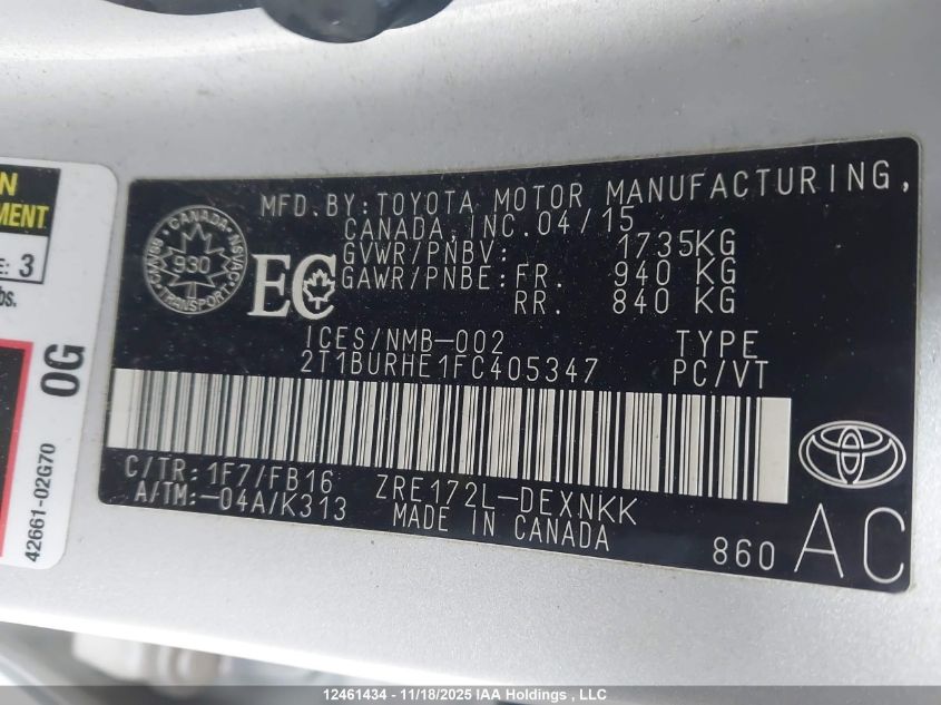 2015 Toyota Corolla L/Le/Le Pls/Prm/S/S Pls VIN: 2T1BURHE1FC405347 Lot: 12461434