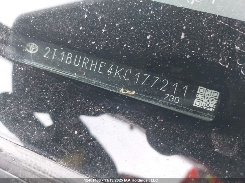 2019 Toyota Corolla VIN: 2T1BURHE4KC177211 Lot: 12461438