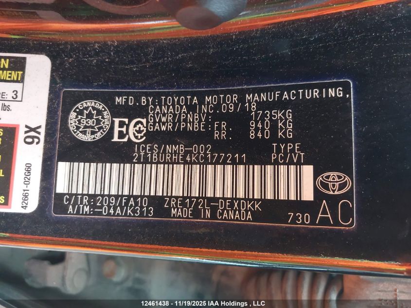 2019 Toyota Corolla VIN: 2T1BURHE4KC177211 Lot: 12461438