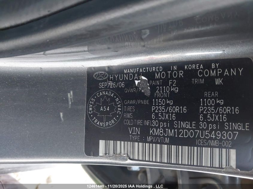 2007 Hyundai Tucson Gl VIN: KM8JM12D07U549307 Lot: 12461440